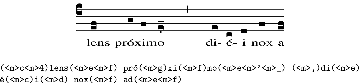 Figure 1: An example from GregoSynth dataset with its transcription encoded in music-aware GABC format.