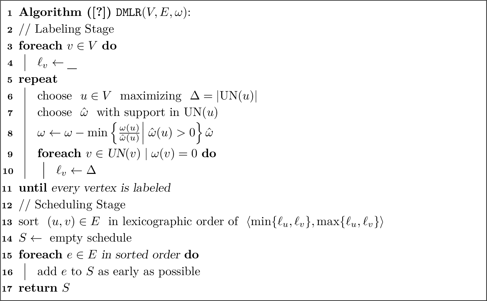 Figure 1: The base local ratio algorithm for Data Migration as given in [12]. The weight vector \hat{\omega} in line 7 is calculated through an LP, which we do not include in this pseudocode for easier readability.