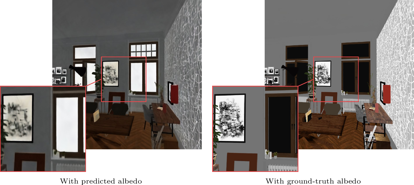 Figure 13: Predicted albedo images can lack details and exhibit a slight color shift due to unknown nonlinearities, which yields blurrier reconstructions of the albedo field (left) compared to the reconstruction obtained with exact albedo images (right).