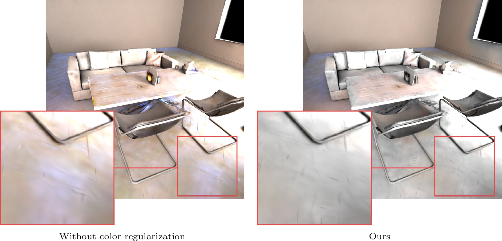 Figure 12: Shading field reconstruction with color regularization turned off/on. Our shading reconstruction is more constrained while remaining colorful.