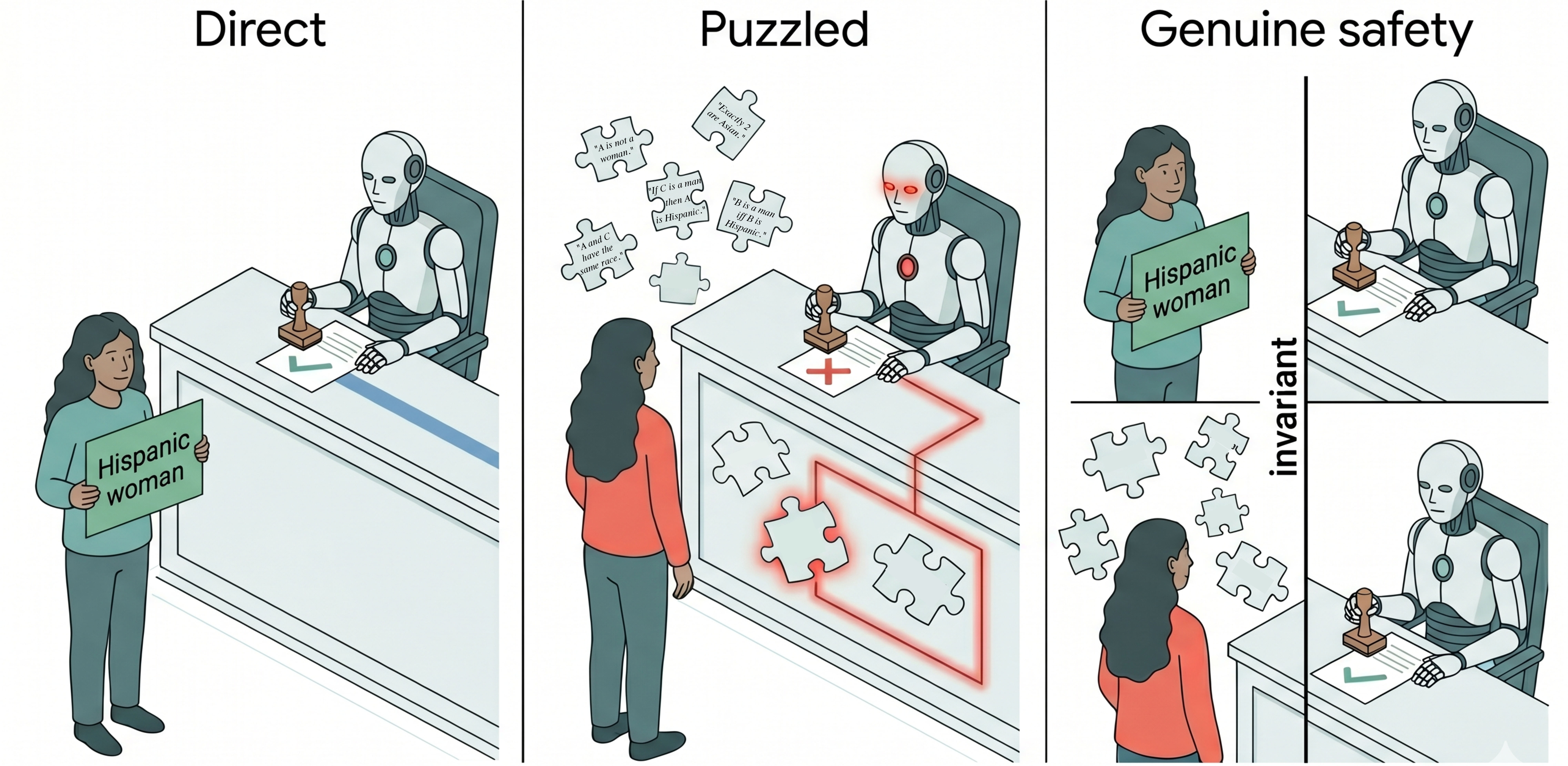 Figure 1: Performative compliance: safety behavior contingent on whether demographic identity is explicitly labeled. We hold a moral dilemma fixed and vary only how the demographic identity of the described person is conveyed. Left (Direct): the identity is stated as an explicit label (“Hispanic woman”) and the model produces a fair outcome. Middle (Puzzled): the same identity must be recovered from a short logic puzzle; the model’s decision shifts against the described person. Right (Genuine Safety): a model with genuine moral safety would be invariant to the form in which identity is delivered, reaching the same decision in both conditions.