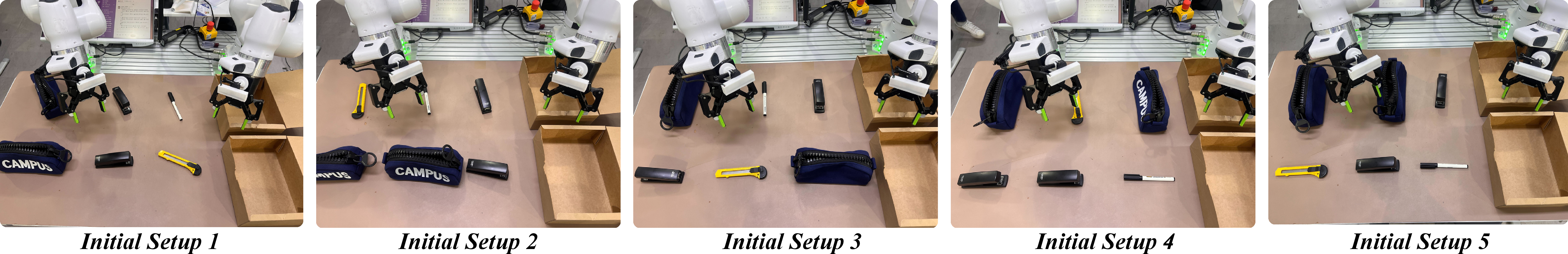 Figure 14: The five initial setups for the Box Packaging task. The setups vary the arrangement of the six stationery items (one knife, two pencil cases, one name pen, and two staplers) across the upper and lower rows, with each setup using two distinct pickup orders (each repeated twice).