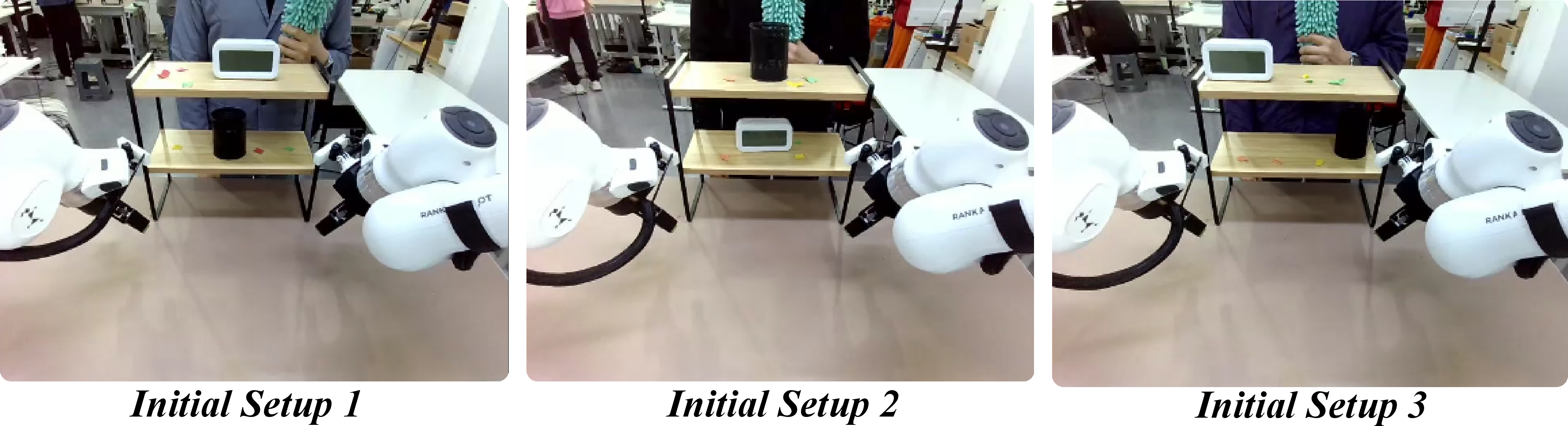 Figure 12: The three initial setups for the Shelf Cleaning task. The setups vary which object (clock or pencil case) is placed on each tier of the two-tier shelf and the position of each object on its tier.