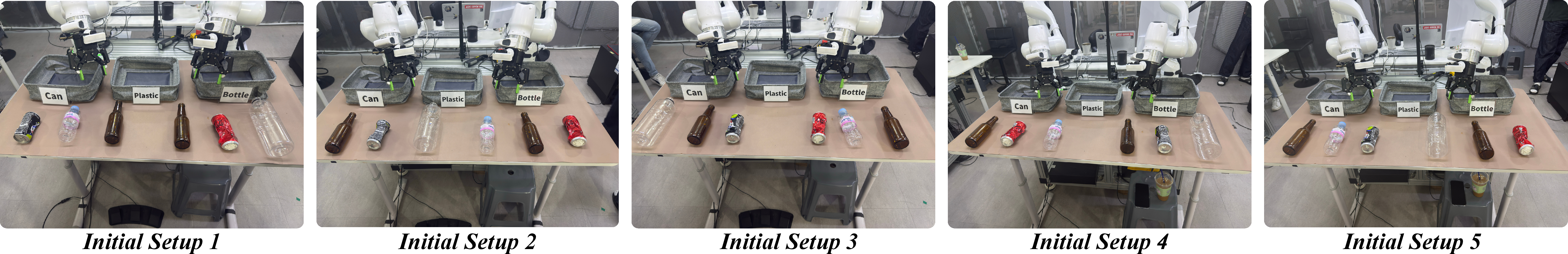 Figure 13: The five initial setups for the Waste Sorting task. The setups vary the arrangement of the four non-can objects on the table, with each setup using four distinct pickup orders (one per trial).