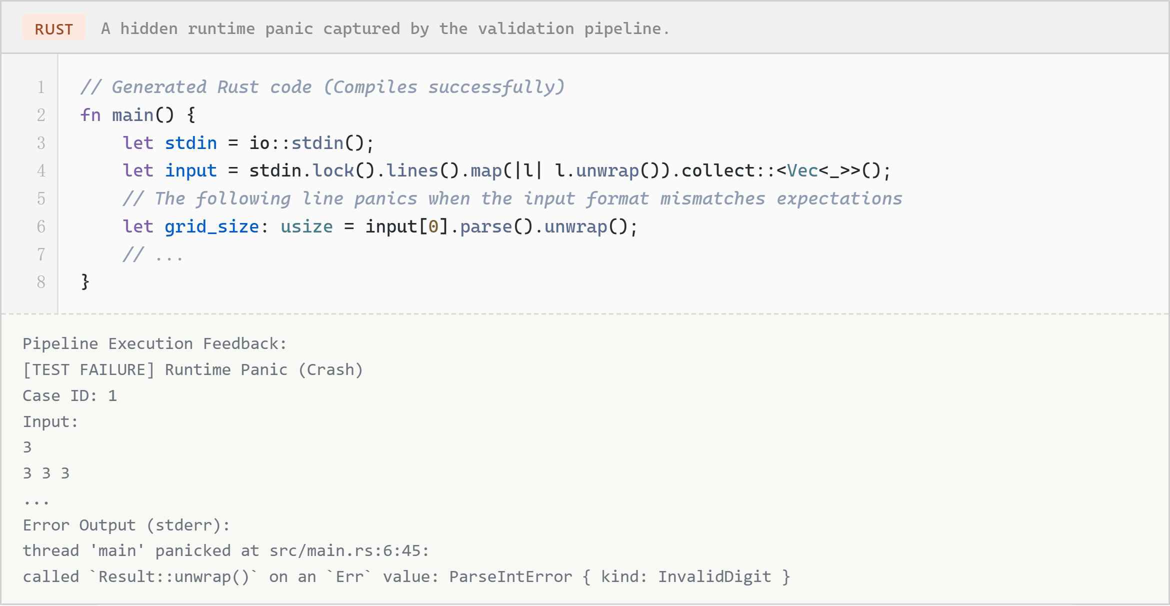 Figure 4: A hidden runtime panic captured by the validation pipeline during a transformation task.