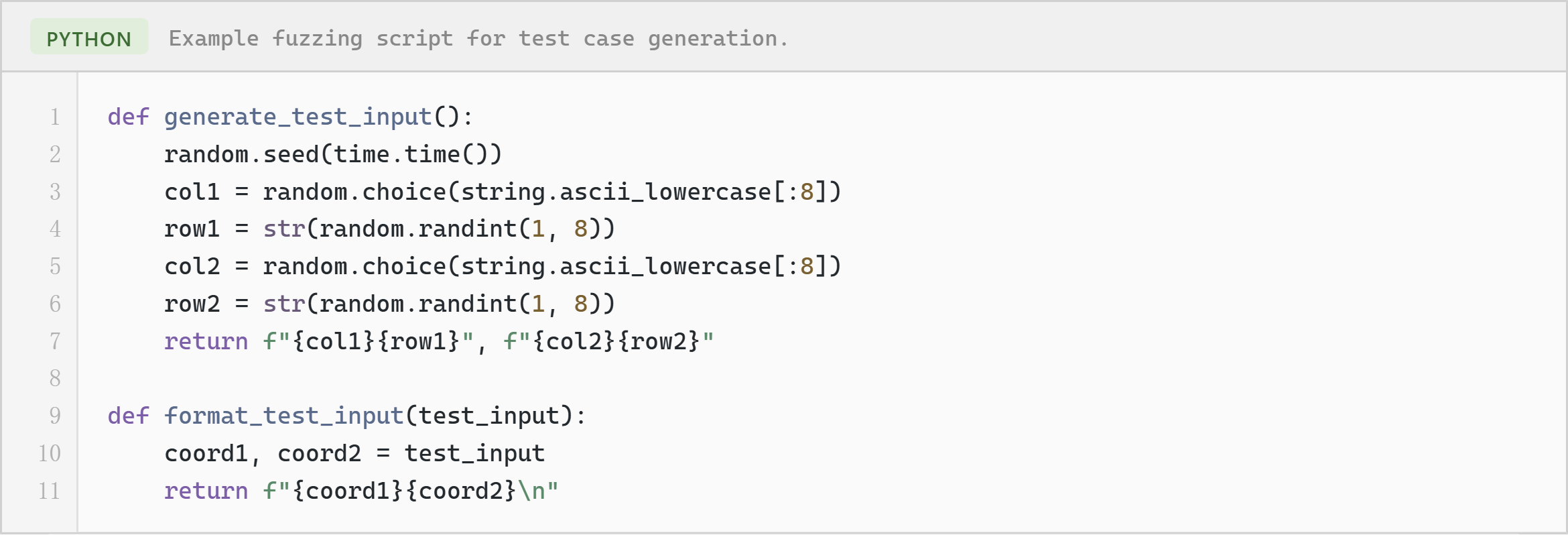 Figure 9: Example fuzzing script for test case generation.