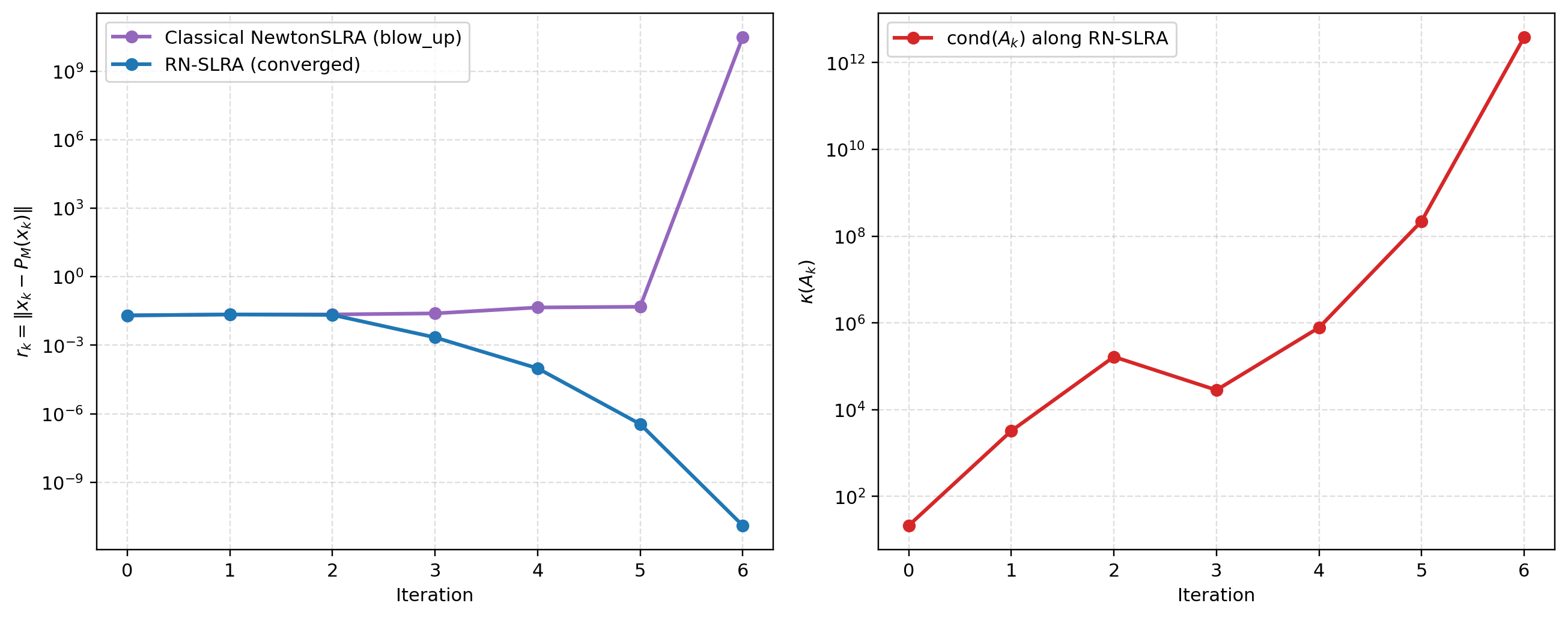 Figure 2: Comparison of Newton–SLRA and RN–SLRA in Example 1.
