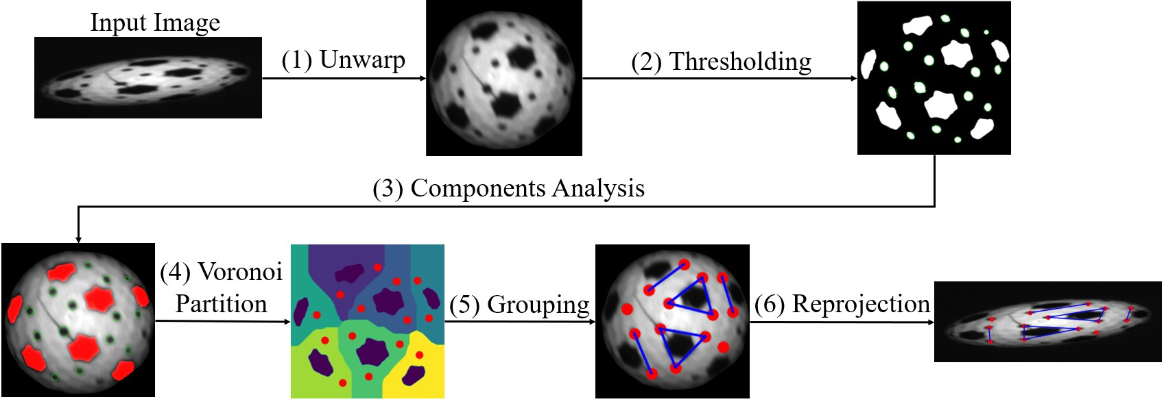 Figure 5: Feature-extraction pipeline for the designed pattern. (1) Unwrap the RS image using the predicted velocity. (2) Apply adaptive thresholding to segment the pattern. (3) Classify connected components as dots or markers. (4) Partition the image into Voronoi cells induced by the markers. (5) Group dots into edges according to the Voronoi cells. (6) Reproject the detected feature coordinates into the original image.