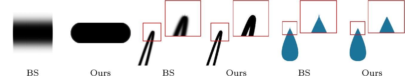 Figure 5: Rendering comparison on three diagnostic cases. Bézier Splatting (BS) shows blurred edges on thick strokes (left pair), spike artifacts near high-curvature regions (middle pair, local crop), and spikes at filled-region junctions (right pair). Bézier splines are equivalently converted to NURBS for fair geometric comparison.