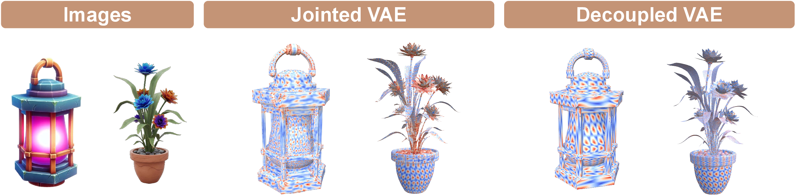 Figure 6: Visual Ablation of Jointed vs. Decoupled VAE Designs. We visualize the generated BDF fields decoded from different latent spaces. The Decoupled VAE produces a crisp, regular BDF. In contrast, the Jointed VAE yields a muddy field with ambiguous and chaotic peak distributions.
