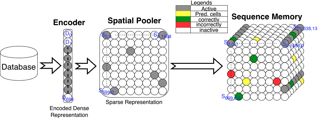 Figure 2: Overview of the Hierarchical Temporal Memory (HTM) architecture, including the encoder, Spatial Pooler (SP), and Temporal Memory (TM).
