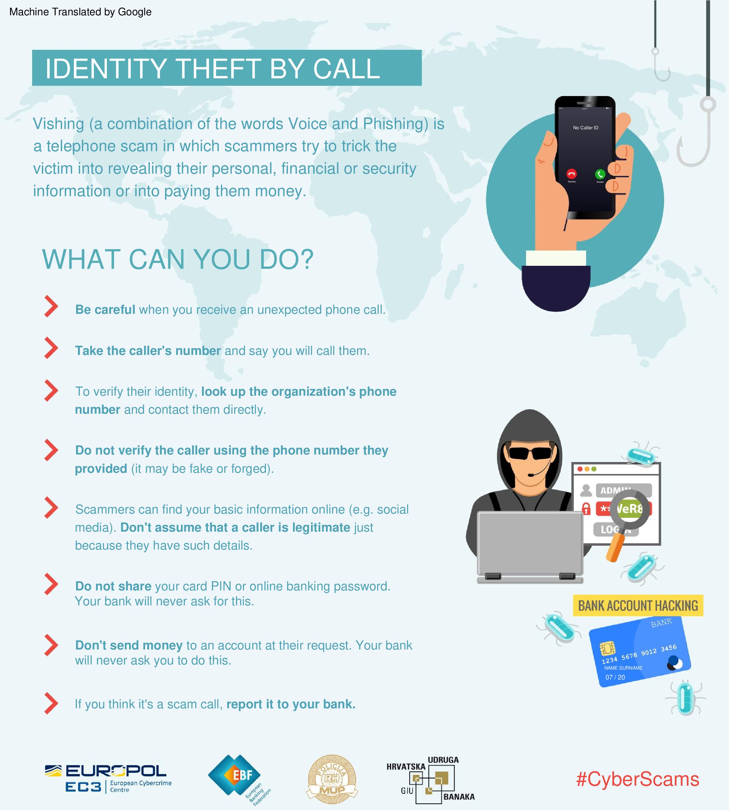 Figure 2: Info flyer published by the Croatian Police as part of Europol’s campaign relating to phone theft and fraud. If the callers present themselves as an organization the police instructs citizens to not call back numbers that the caller might have specified during the call. Citizens are instead advised to look up official phone numbers of those organizations. This info flyer was automatically translated using Google, the original can be found on the Croatian Police’s website [57].