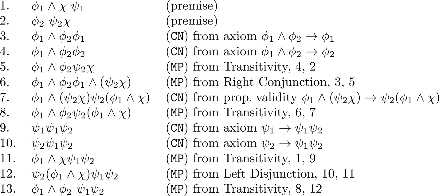 Figure 2: Sketch of a proof showing (\varphi_1\land\chi\Rrightarrow_{a}\!\psi_1),(\varphi_2\Rrightarrow_{a}\!\psi_2\mathbin{\rotatebox[origin=c]{-90}{\geqslant}}\chi)\vdash_{\textsf{A}}(\varphi_1\land\varphi_2\Rrightarrow_{a}\!\psi_1\mathbin{\rotatebox[origin=c]{-90}{\geqslant}}\psi_2)