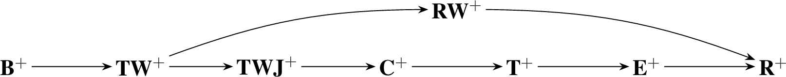 Figure 5: Arrows indicate strict inclusion \subsetneq. Additionally, \mathbf{TWJ}^+\not\subseteq \mathbf{RW}^+\not\subseteq\mathbf{E}^+.