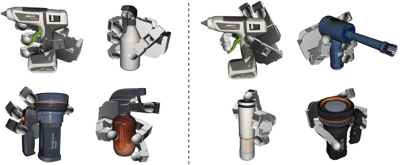 Figure 5: Human-like (left) and robot-specific (right) examples of initial functional grasp candidates. Our analytic constrained optimization synthesizes functionally valid human-like and robot-specific grasps allowing CoDex to exploit the hand’s full morphology instead of restricting it to the human grasps that can be obtained with imitation learning.