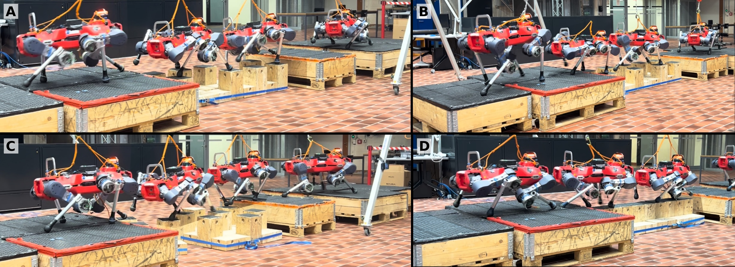 Figure 7: Deployment examples using only the foot proximity sensors on different stepping stone configurations: A. Sparse double-row; B. Regular double-row; C. Scattered; D. Balance beam.