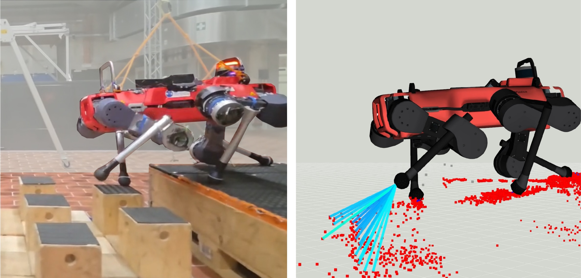 Figure 1: In this work, we integrate low-cost proximity sensors into the feet of a quadruped robot, granting it the ability to screen underfoot terrain with fewer occlusion issues compared to conventional perception-based state estimation. We study how the minimal sensing arrangement informs learned control policies for locomotion over discrete terrain, finding that proximity sensing facilitates reliable, noise-resistant locomotion policies.