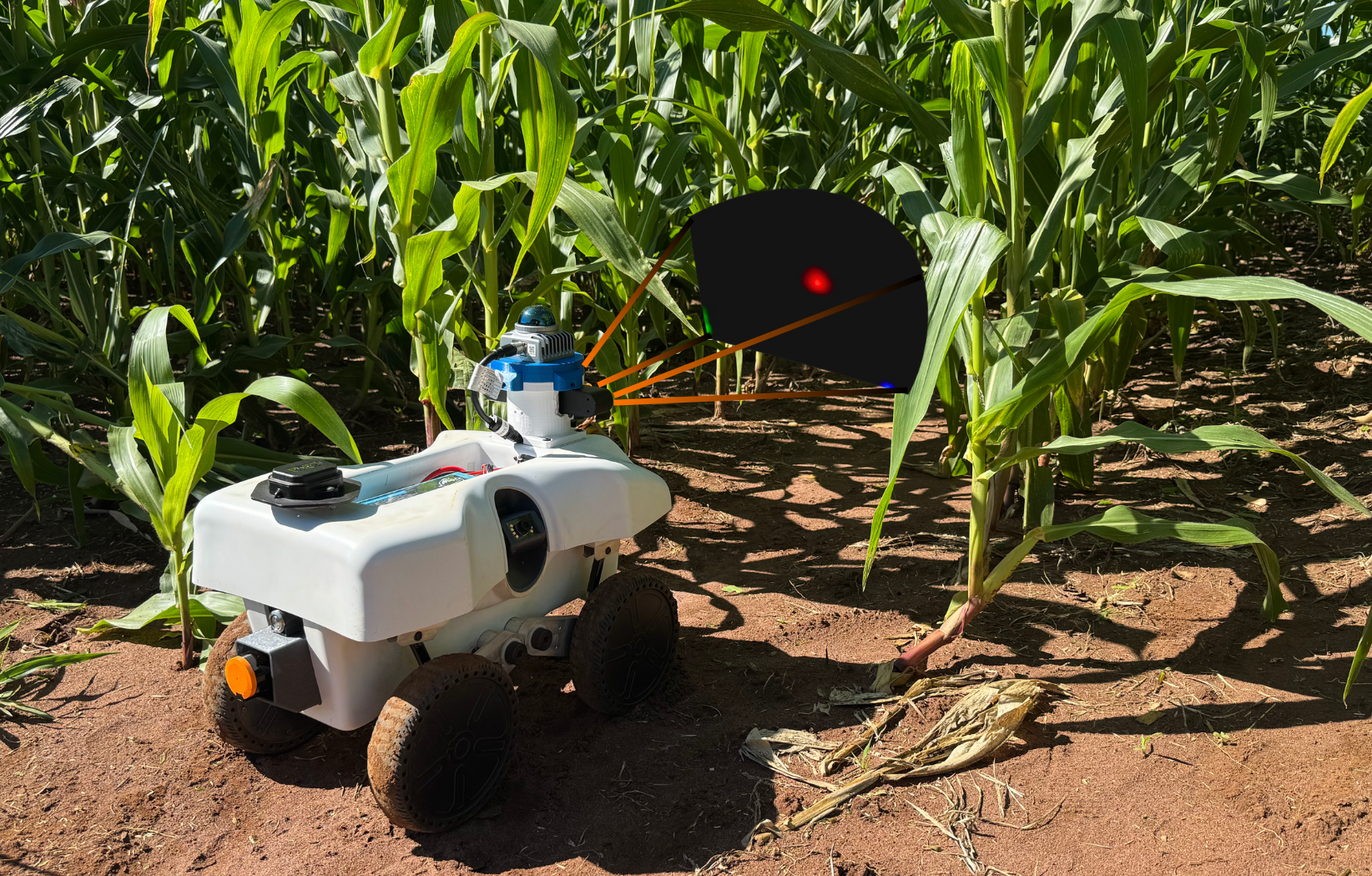 Figure 1: LeCropFollow. A learning-based navigation framework for under-canopy agricultural robots that plans trajectories within a learned latent world model over the uncompressed heatmap signal, enabling zero-shot navigation of unstructured fields without GNSS.