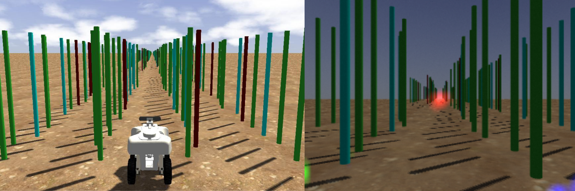 Figure 4: Simulation Training Environment. To facilitate rapid RL training, we utilize simplified geometric primitives in Gazebo. (Left) External view showing the robot navigating between cylinder-based rows with 0.75m spacing and randomized color distribution. (Right) The resulting egocentric RGB view overlaid with the predicted heatmap in simulation.