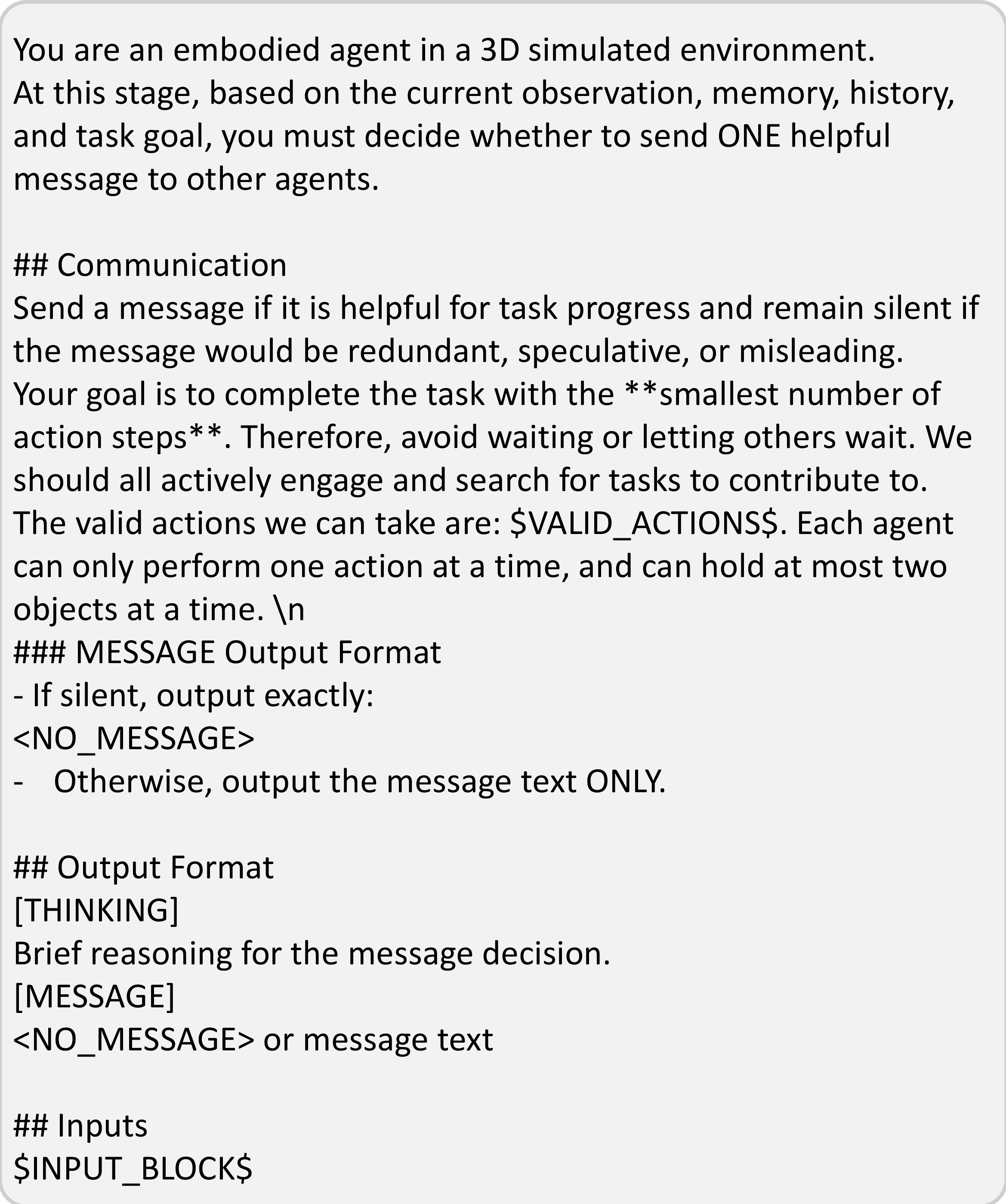 Figure 19: Broadcast protocol communication prompt. This module asks each agent to decide whether to send a concise, useful message before physical action planning.