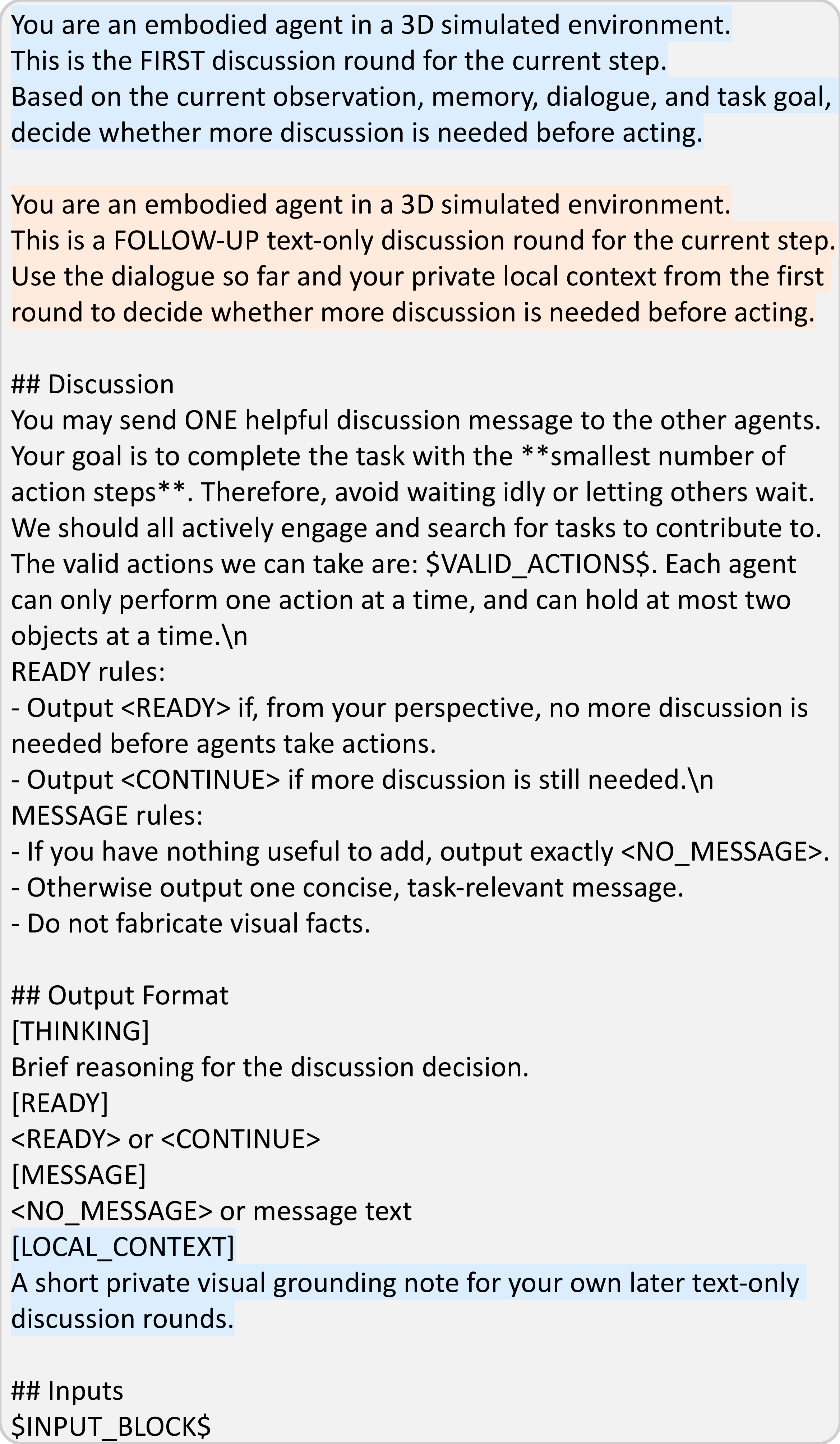 Figure 20: Discussion protocol prompt. The first round prompt is highlighted in blue, and the follow-up rounds prompt is highlighted in orange.