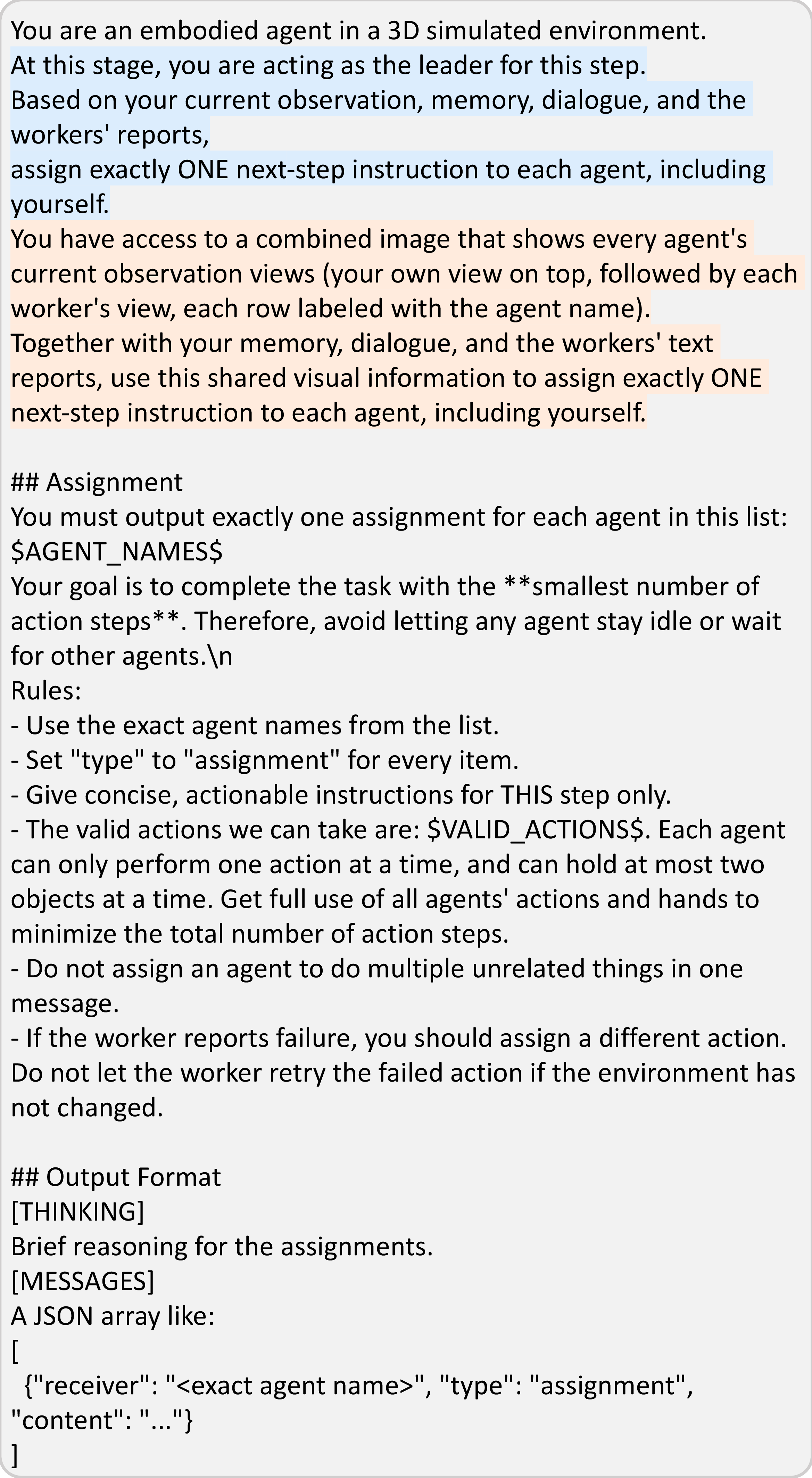 Figure 22: Centralized mode: leader assignment prompt. Text-only communication is highlighted in blue, and the vision-augmented is highlighted in orange.