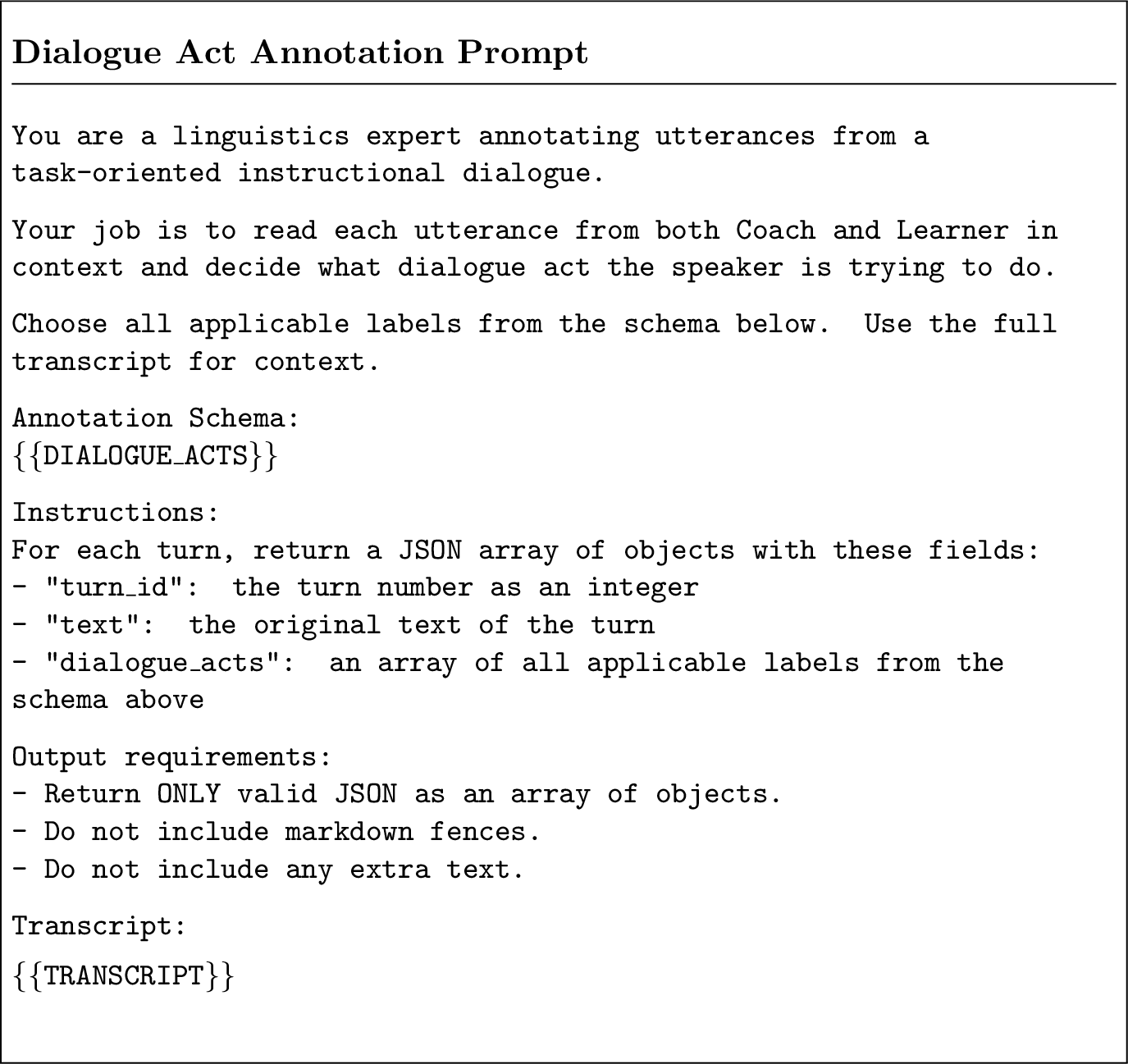 Figure 26: Prompt used for automatic dialogue act annotation.