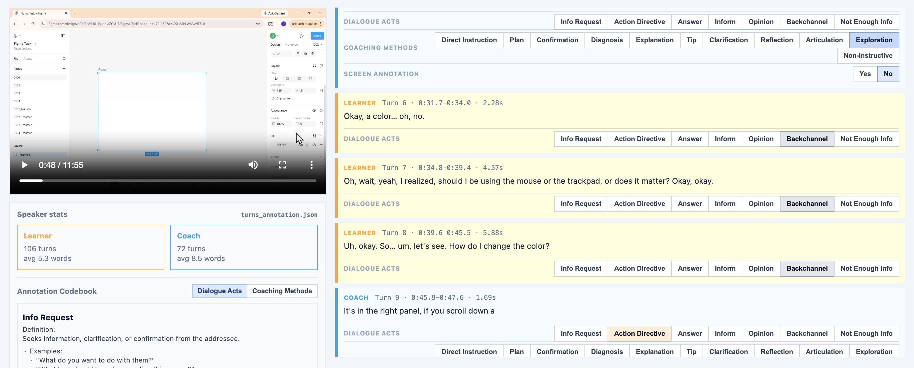 Figure 22: Annotation interface for utterance labeling. Annotators can see the dialogue transcript alongside screen recording and assign tags to each utterance.