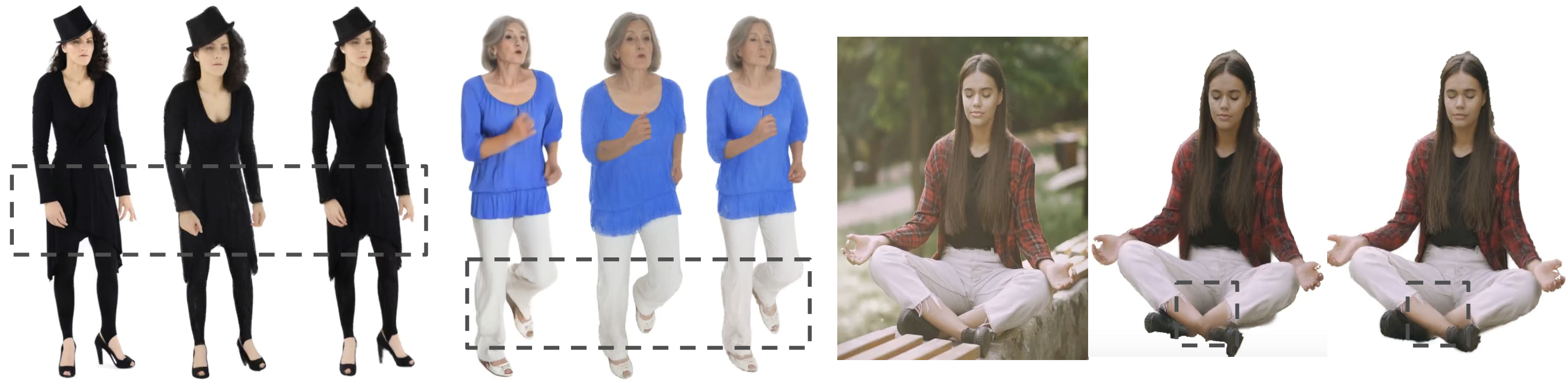 Figure 8: Qualitative comparison of pose accuracy. LBS-based methods exhibit spatial misalignments due to intermediate pose estimation errors. In contrast, our direct 2D-driving approach effectively bypasses these bottlenecks to faithfully preserve the target pose details. We show input, LBS-based driving results, and our 2D driving outputs for each triplet.