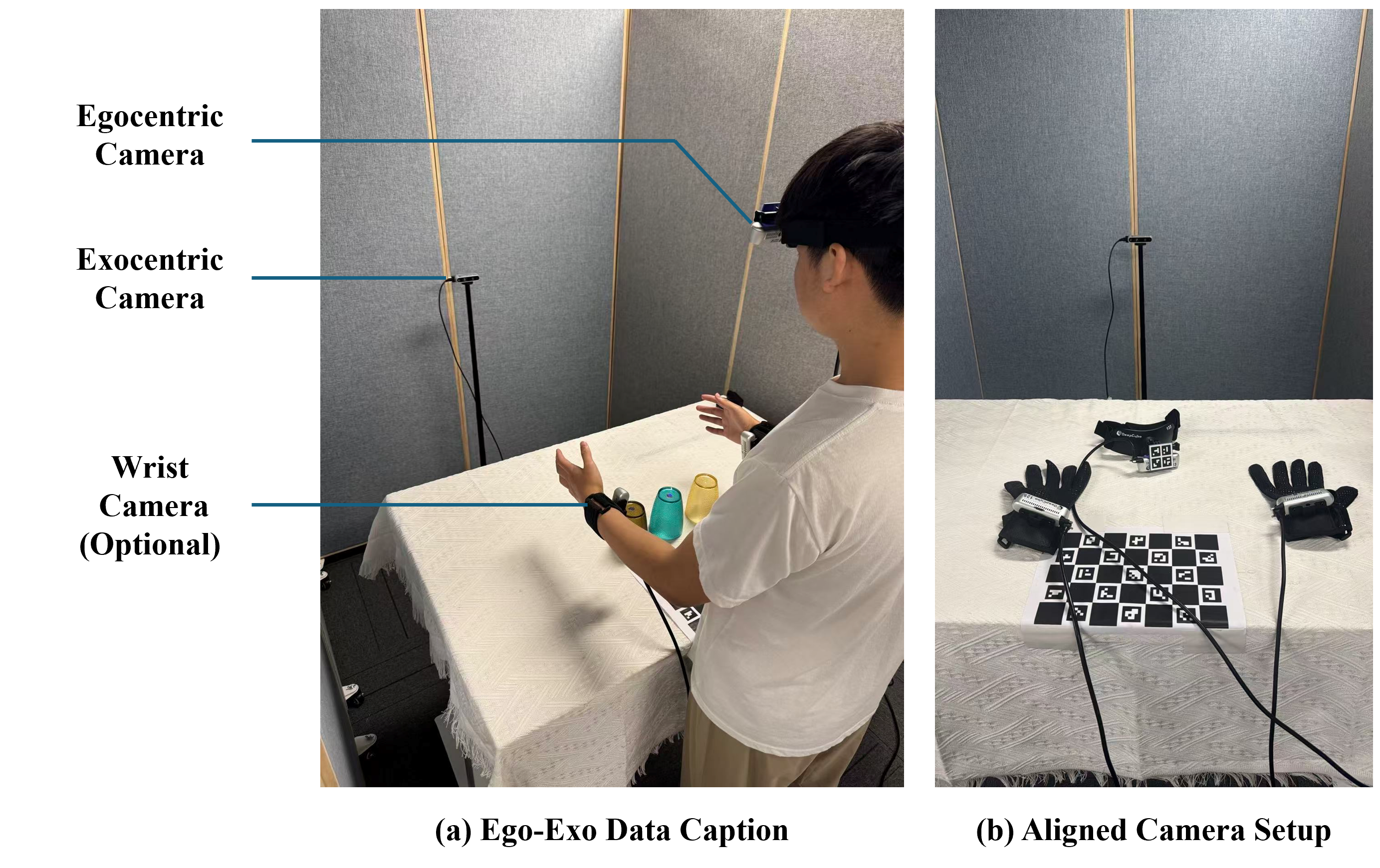 Figure 4: Ego-exo data-collection setup. The egocentric cameras provide policy-aligned observations, while synchronized exocentric cameras provide complementary visual evidence for upper-body and hand motion recovery.