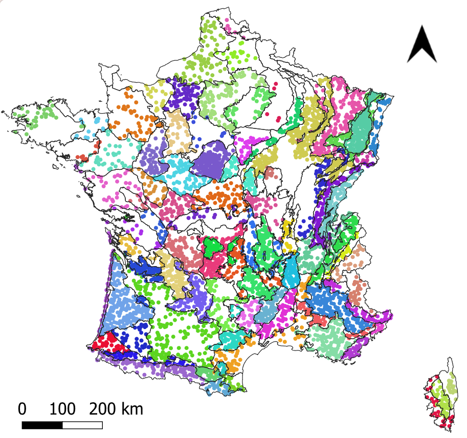 Figure 2: Spatial distribution over France of the NFI plots used in this study, colored with respect to the sylvo-ecoregion.