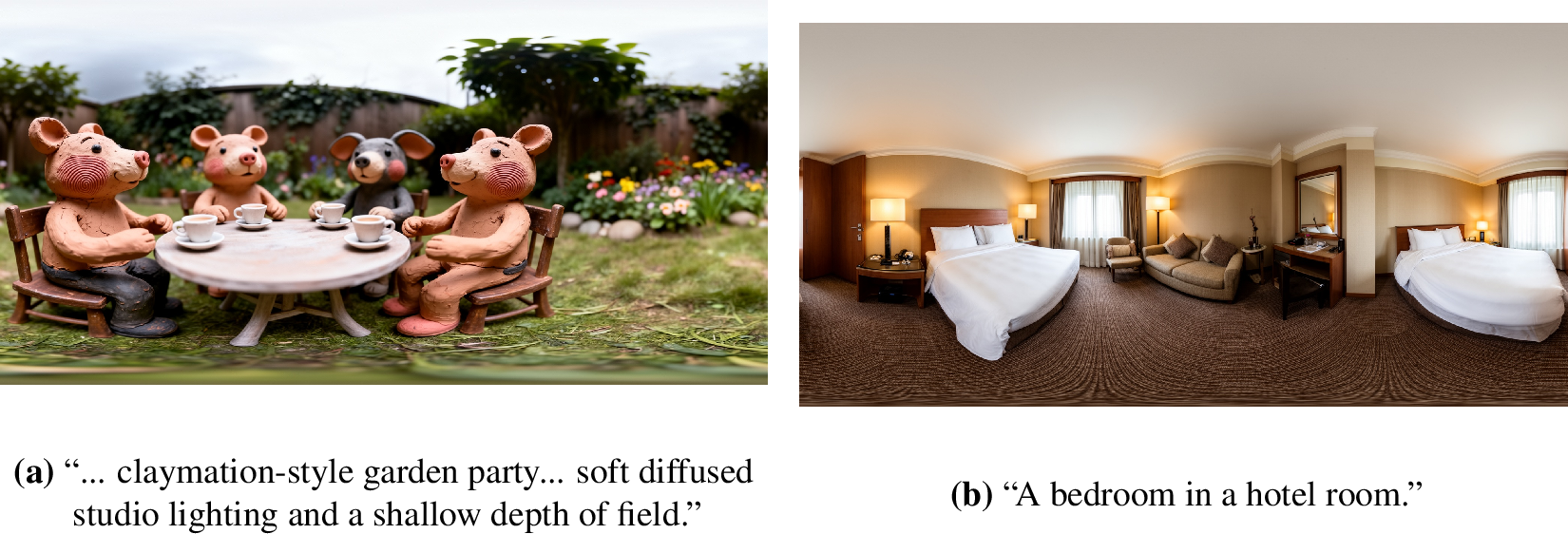 Figure 14: Failure cases. (a) Prompts with strong perspective priors (e.g., studio lighting, shallow depth of field) can produce perspective-like outputs rather than true panoramas. (b) The model may repeat structural elements to fill the full sphere.