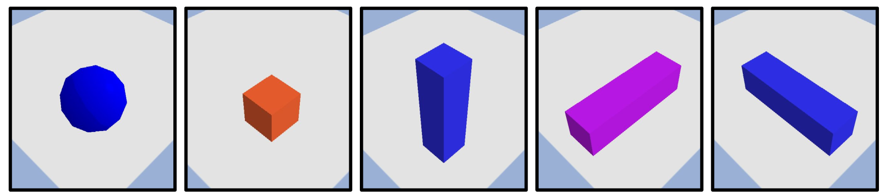 Figure 3: Objects used during the data collection. From left to right: Ball, Cube, Block Z, Block X, and Block Y.