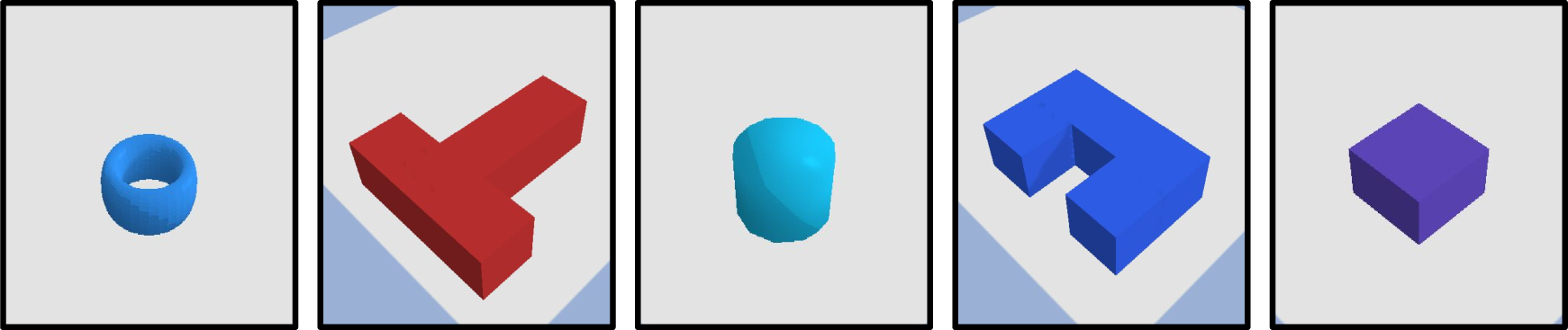 Figure 8: Novel objects for few-shot generalization. From left to right: Torus, T-Block, Cylinder, U-Block, and Wide Block.