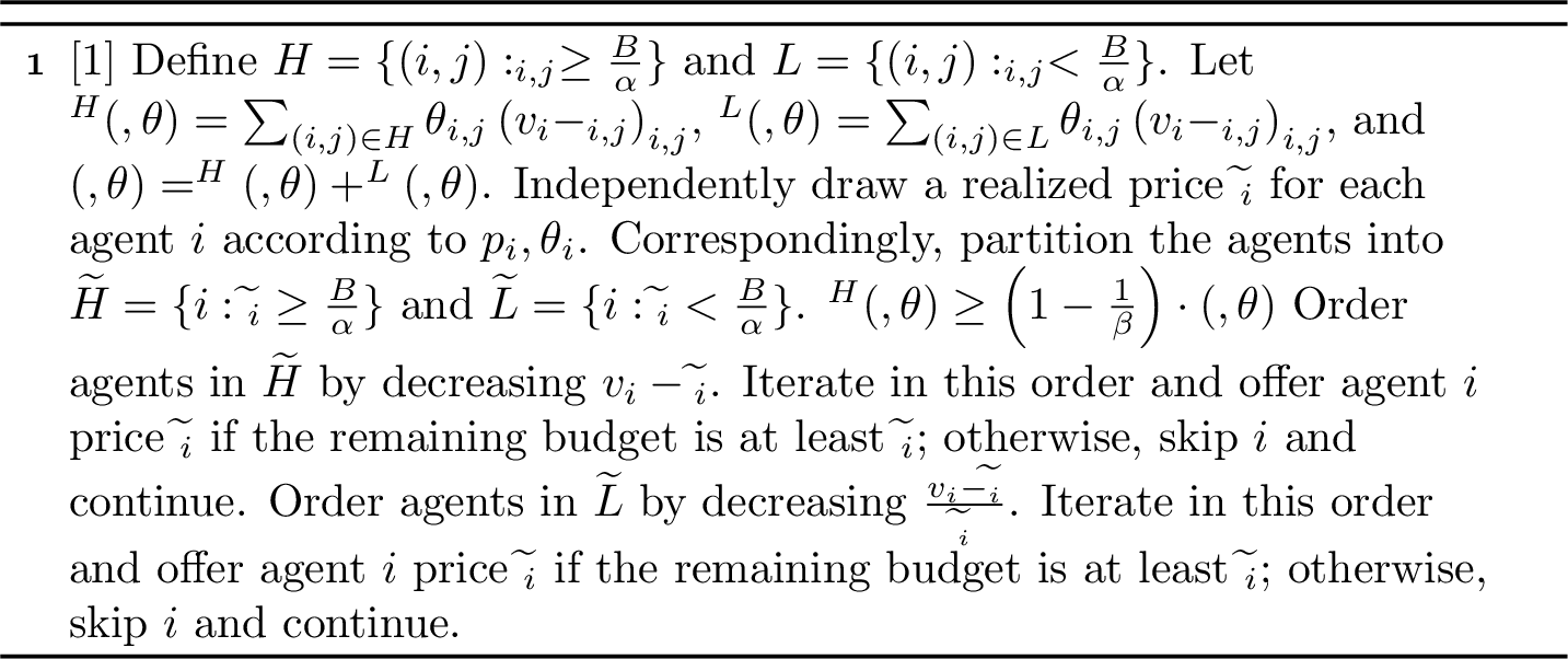 Figure 7: Randomized Utility-Maximizing Ex-post Budget-Feasible Auction \mathcal{M}_{\text{const}}^{\mathrm{rand}}(\alpha,\beta;{\mathbf{p}},\boldsymbol{\theta})