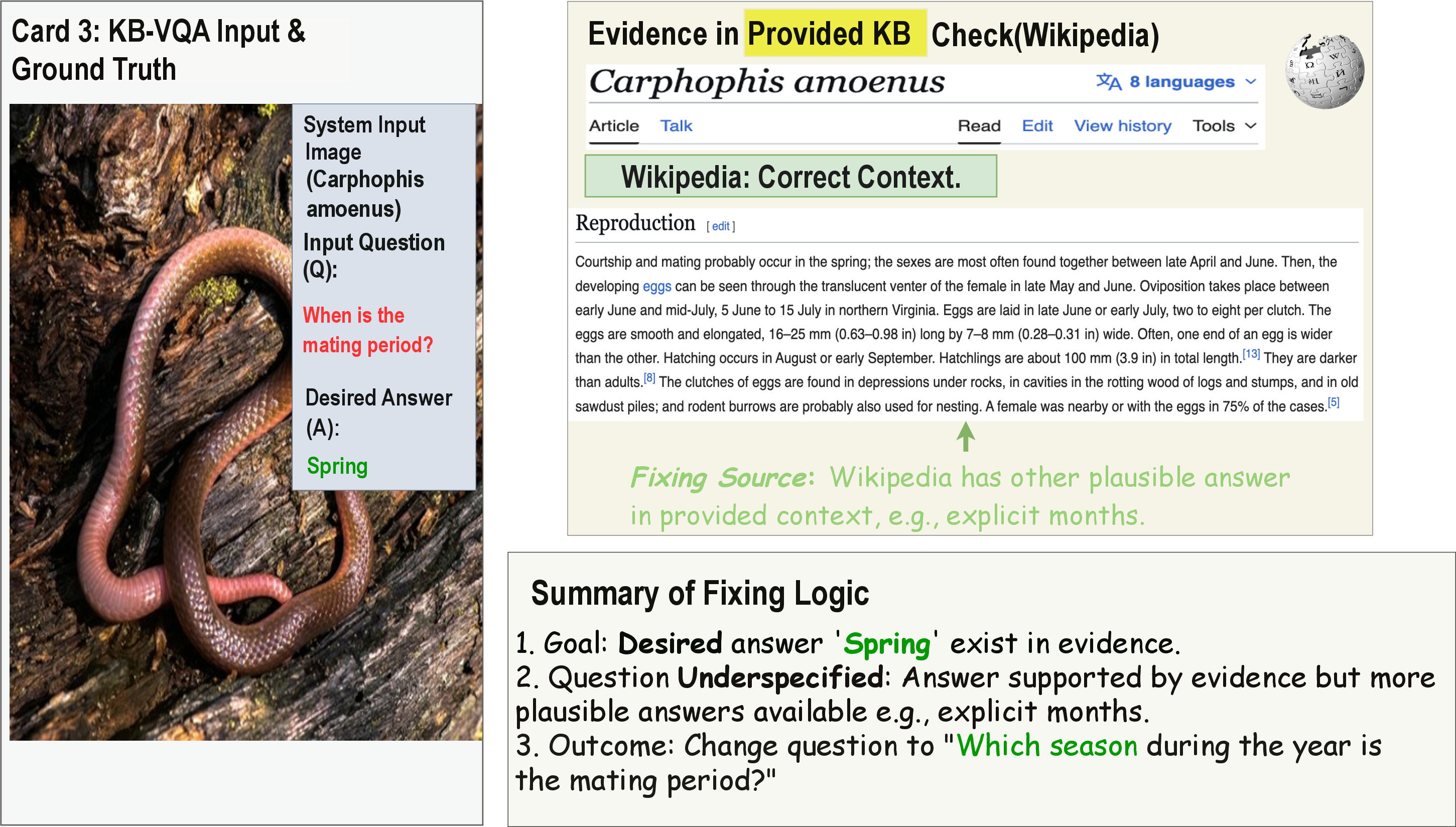 Figure 4: Fixing Qualitative example from E-VQA (QID:79) where desired answer ‘Spring’ exists in evidence. Meanwhile there could be multiple plausible answers , ‘April - June’ since the following sentence indicates ‘are most often found between late April and June’. Therefore, the question is changed to “Which season during the year is the mating period”