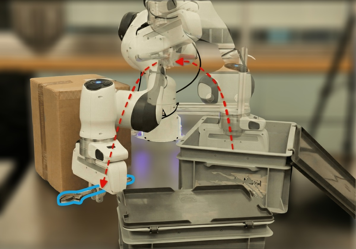 Figure 1: Tool-Aware Manipulator Motion Planning: A Franka Emika Panda robot executes a pick-and-place task involving a tool (wrench). Our method ELMP explicitly encodes the variable tool geometry via point clouds to enable collision avoidance for the entire kinematic chain, while leveraging Analytical Policy Gradients to fine-tune the policy for high-precision, collision-free motion.