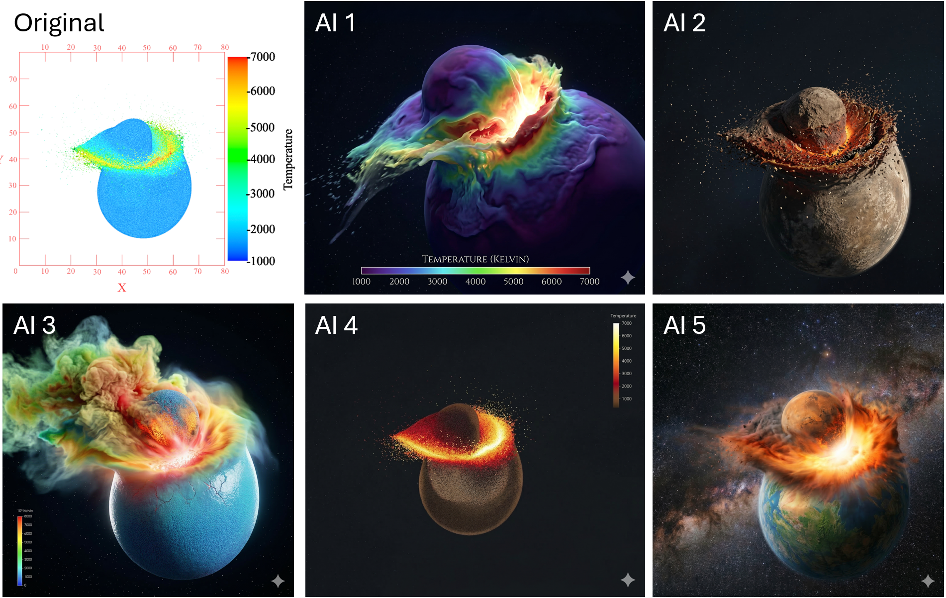 Figure 1: The original planetary collision visualization and five AI-generated variations that introduce aesthetic modifications used in the survey. Participants were asked to describe aspects of these images that would make them comfortable or uncomfortable if presented as visualizations. AI images generated with Nano Banana Pro.
