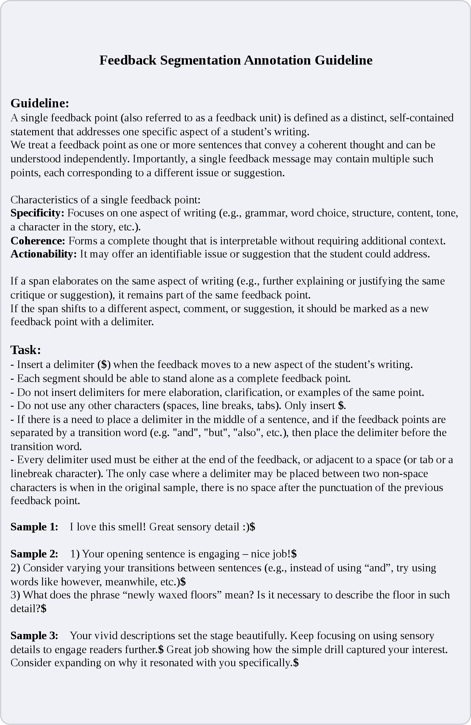 Figure 11: Feedback segmentation annotation guideline (page 1/1).