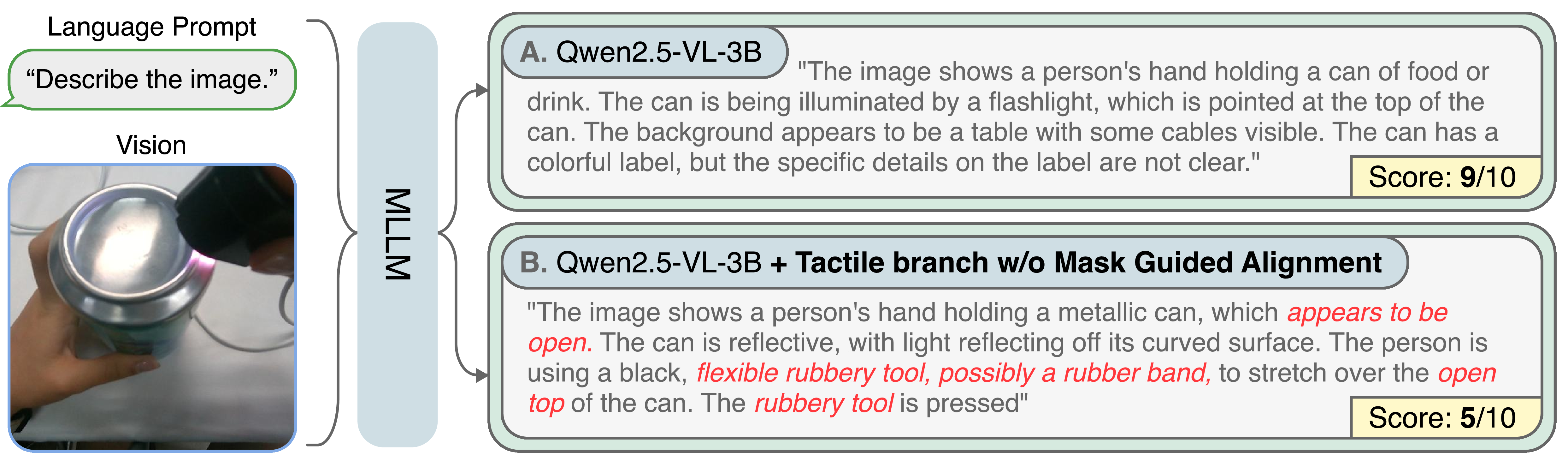 Figure 1: Example of the catastrophic forgetting problem in tactile alignment for MLLMs (, TVL [13] w/ Qwen2.5-VL-3B). A small amount of tactile training set often forgets the visual sense in the base MLLM. More failure cases in Appendix.