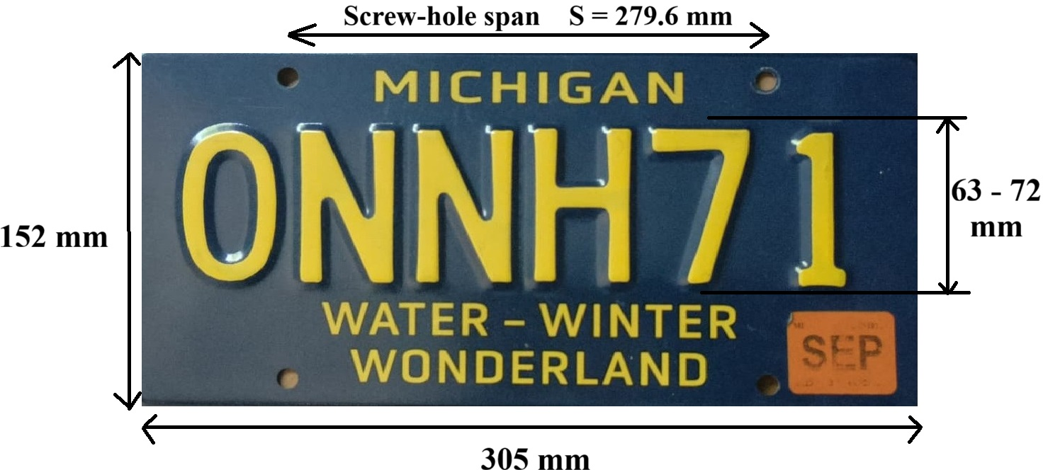 Figure 2: Standardized geometry of a U.S. license plate used by T-MDE: the outer size, the character height, and the mounting-hole spacing.