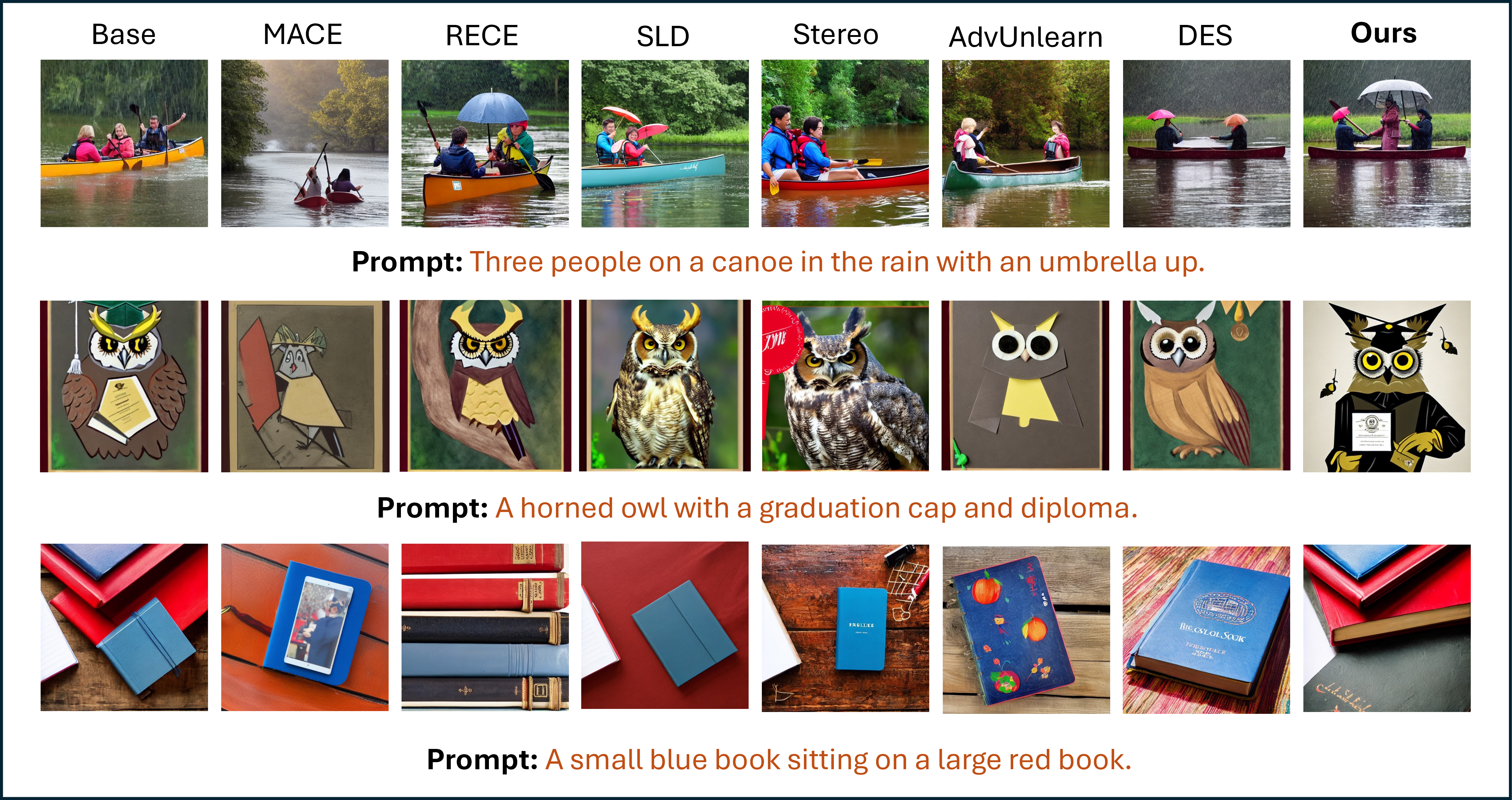 Figure 9: Qualitative comparison on compositional prompts. Each row shows generations from different safety-aligned methods for the same TIFA prompt. Existing methods frequently lose compositional details, while our method preserves semantic fidelity alongside strong safety alignment.