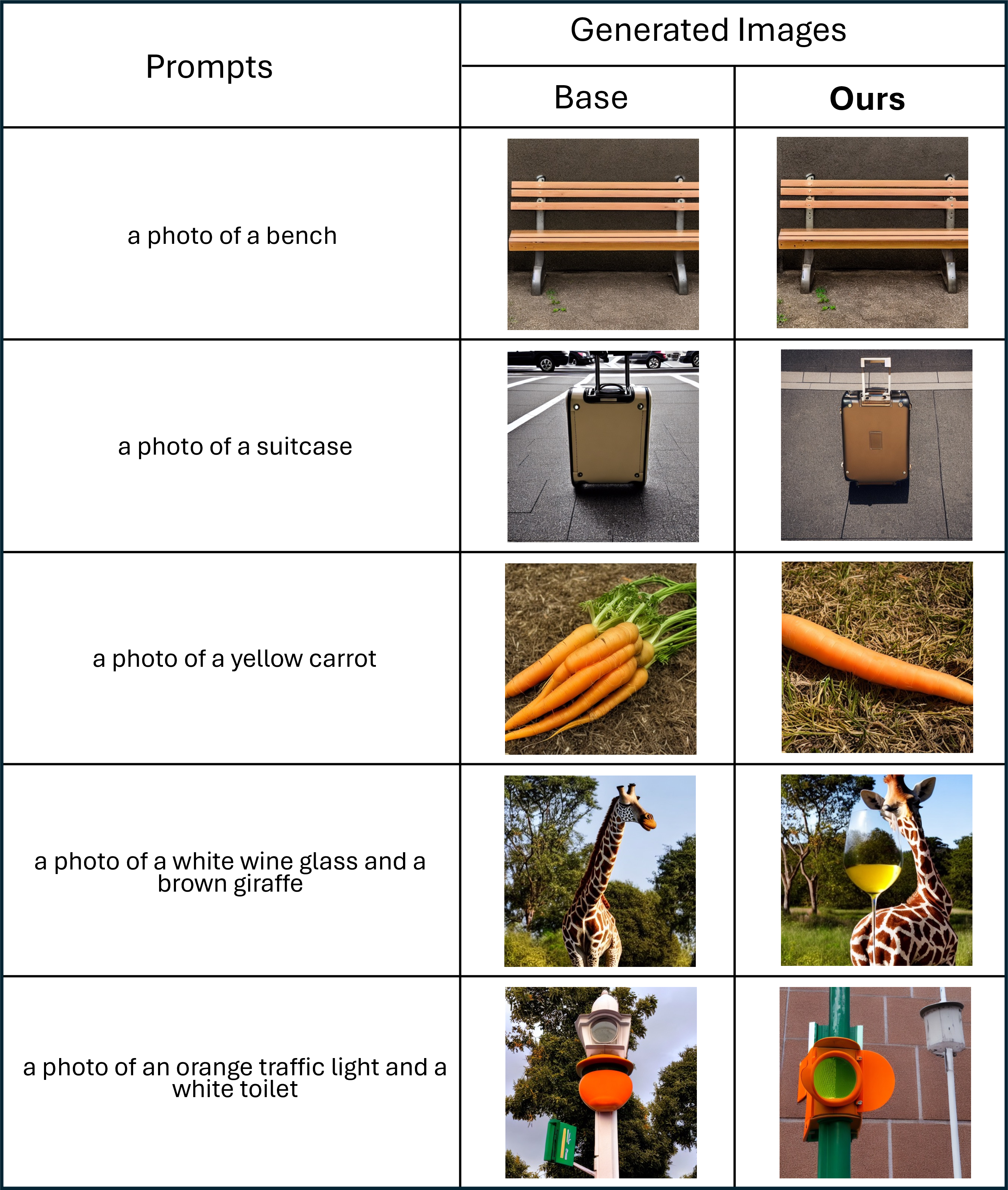 Figure 10: Qualitative comparison (Base vs. Ours) for different benign prompts.