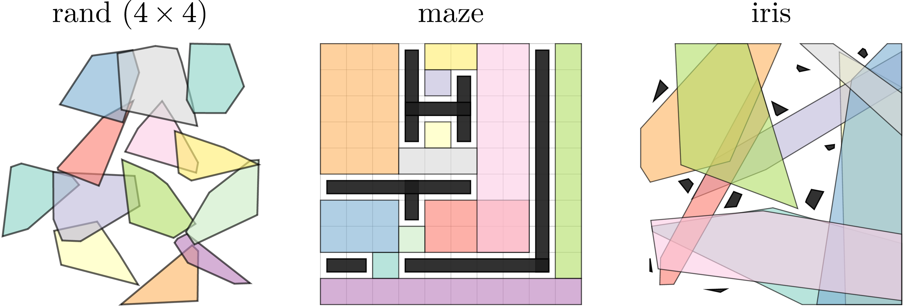 Figure 12: Example instances of the generated spatial GCS. Colors indicate convex regions in the spatial decomposition. Black regions indicate environment static obstacles.