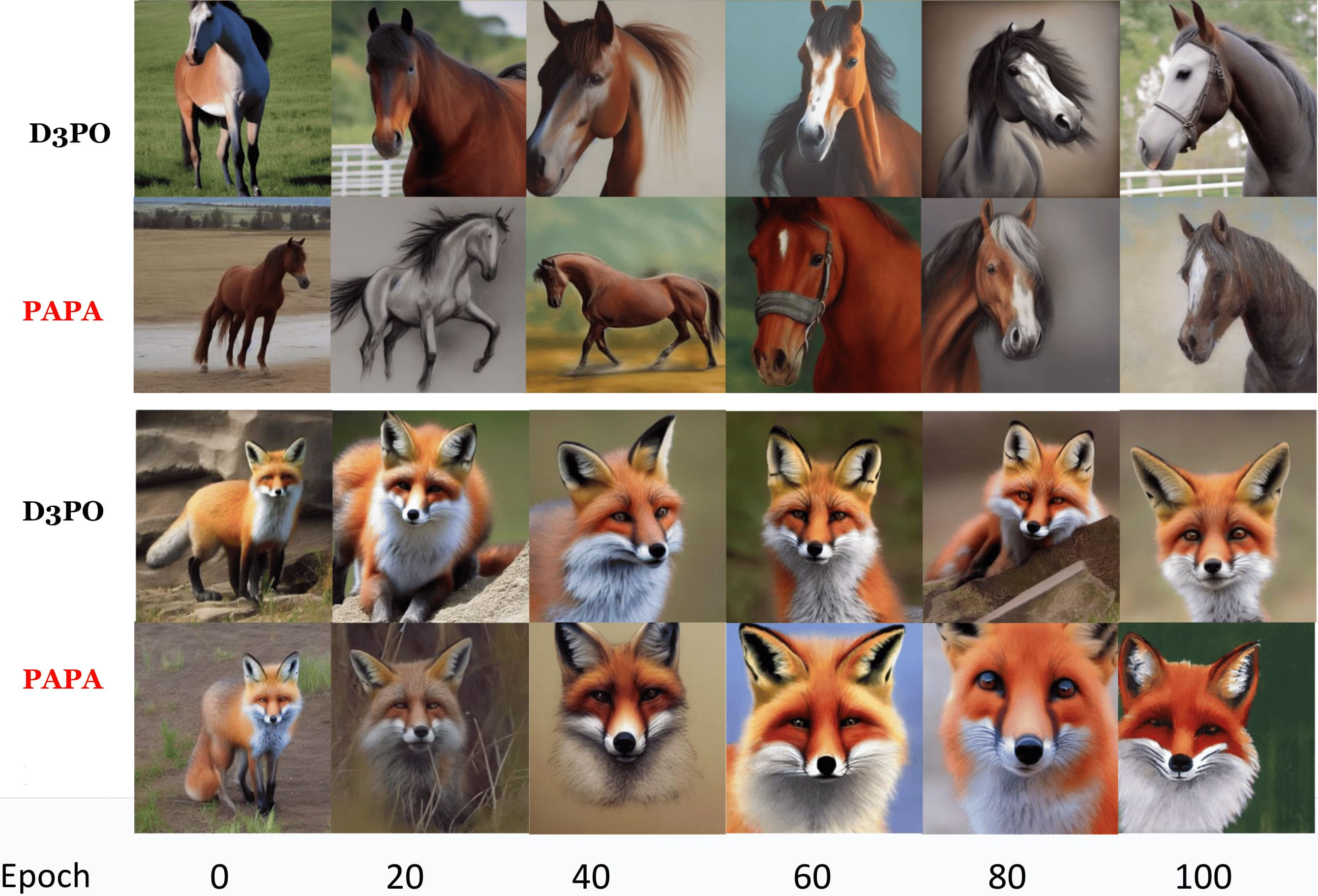 Figure 14: Additional visualizations of PAPA and D3PO in generating horse and fox images with the high aesthetic score objective.