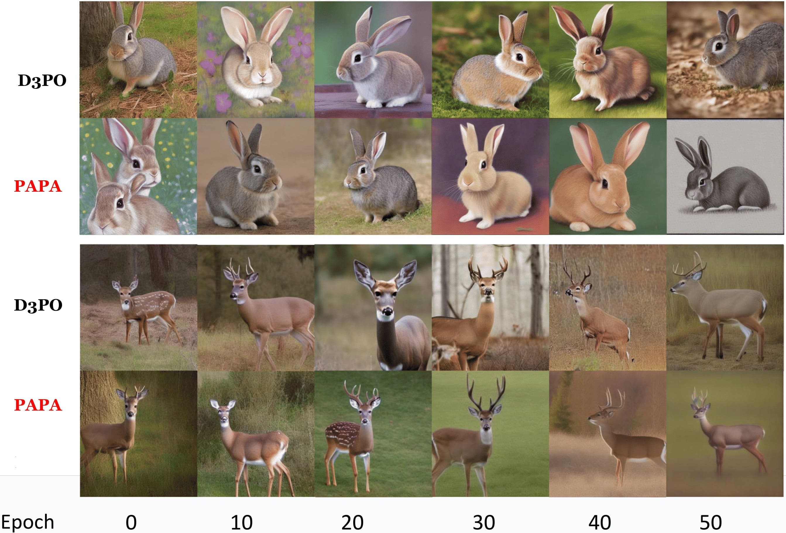Figure 13: Additional visualizations of PAPA and D3PO in generating rabbit and deer images with compressibility as the objective.