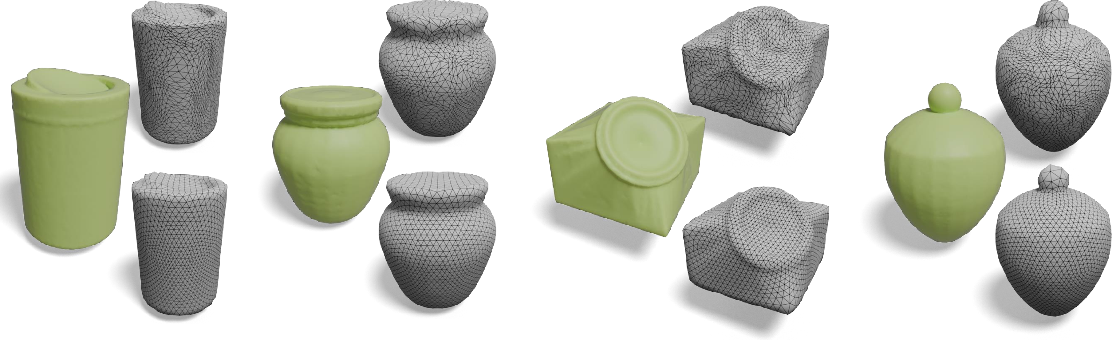 Figure 4: Comparisons between (Top) initial correspondences between S_0 and each training shape and (Bottom) the correspondences obtained by optimized shape generator. We can see that the optimized correspondences are smoother and align the training data (green) better than the initial correspondences. This is attributed to the deformation loss on the mesh generator, which optimizes all correspondences together.