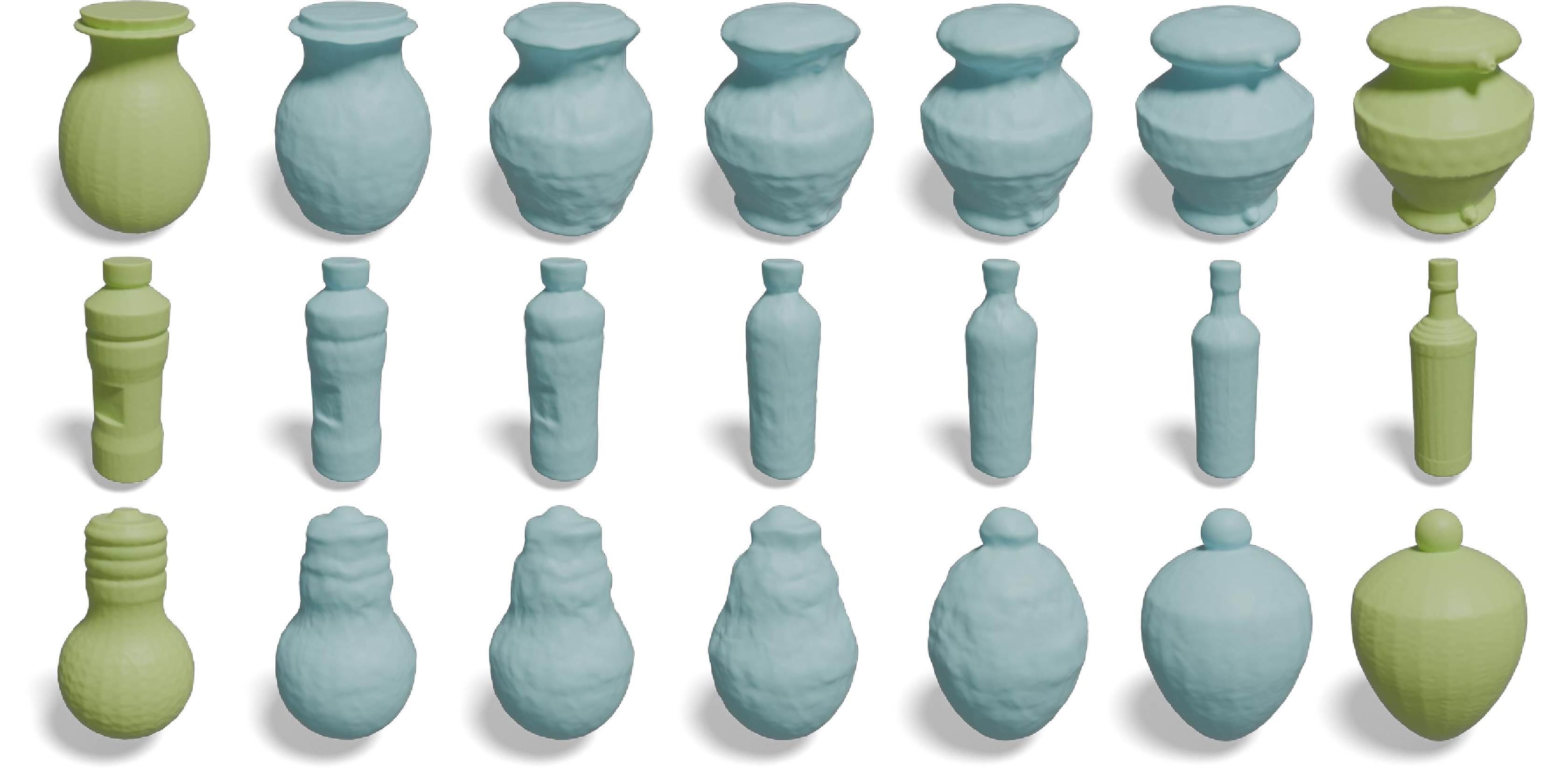 Figure 10: Application in shape morphing. Applying GenSP’s decoder on interpolated latent vectors produces smoothly morphed shapes.