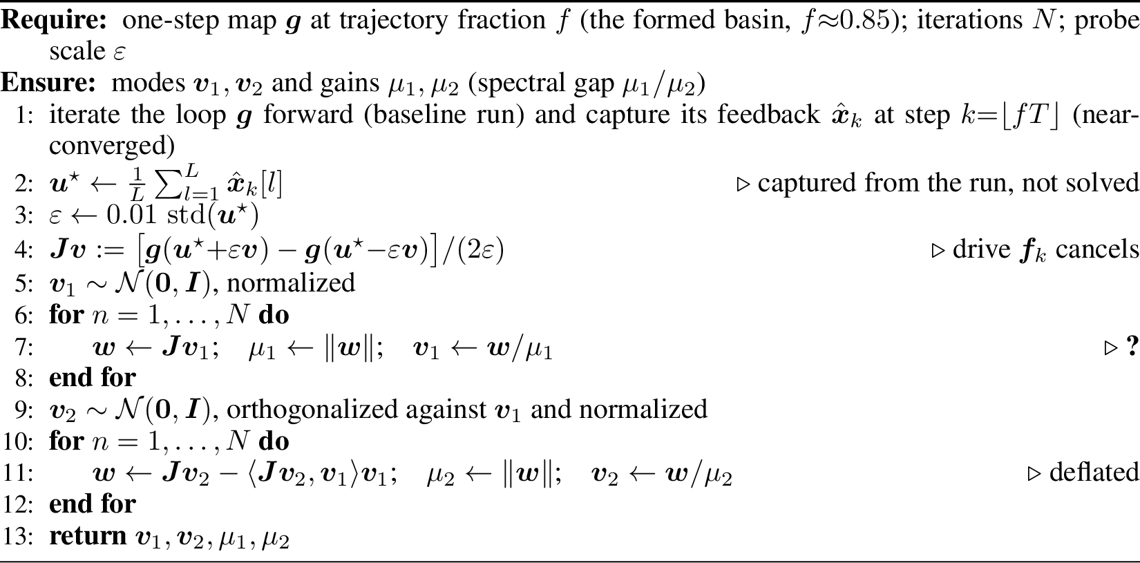 Figure 6: Attractor modes \boldsymbol{v}_1,\boldsymbol{v}_2: matrix-free deflated power iteration on the feedback Jacobian