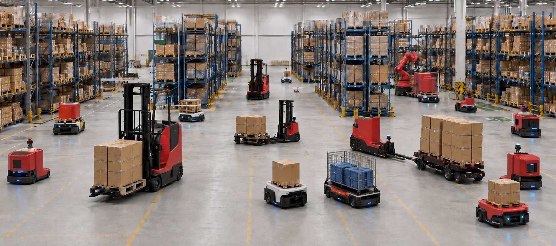 Figure 1: A typical industrial warehouse involving heterogeneous robot fleets.